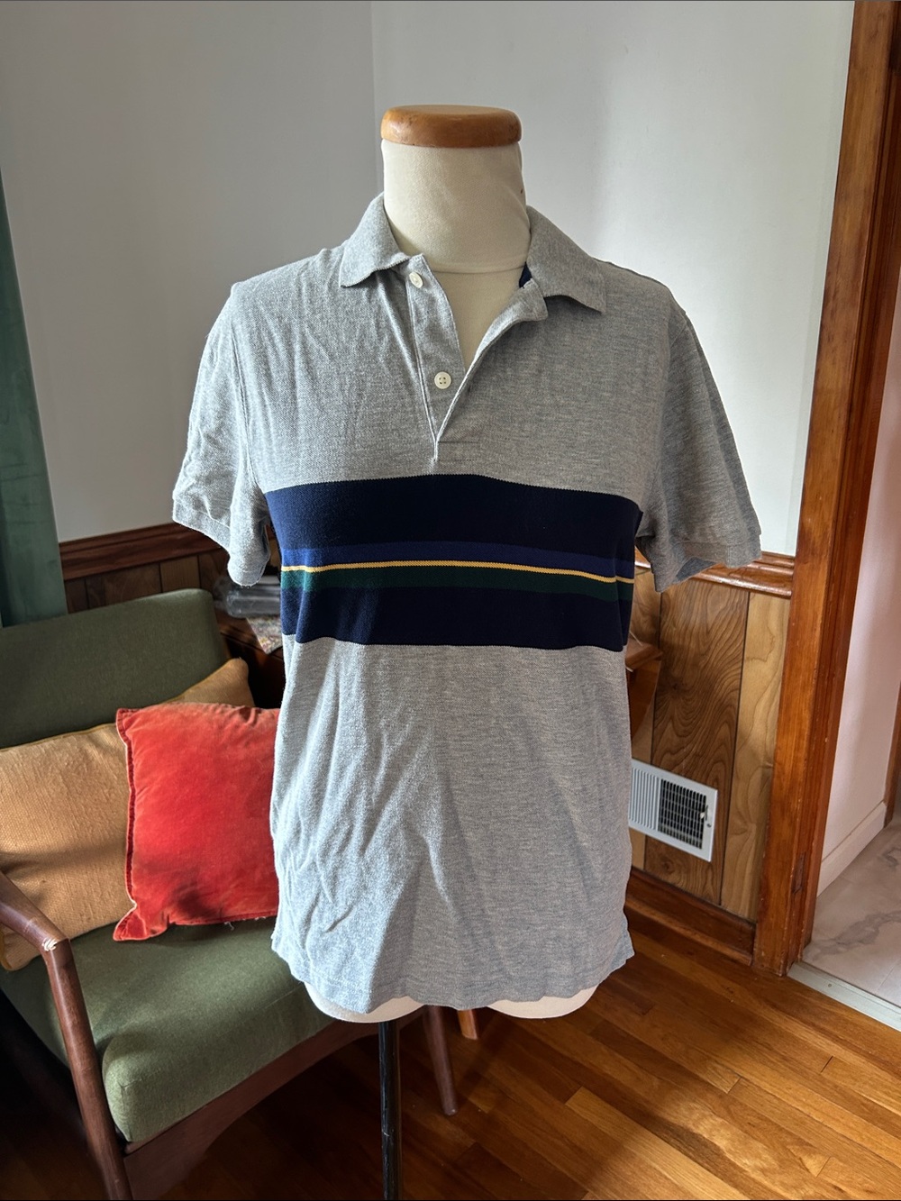 GAP Light Gray Polo with Navy and Multicolor Stripes